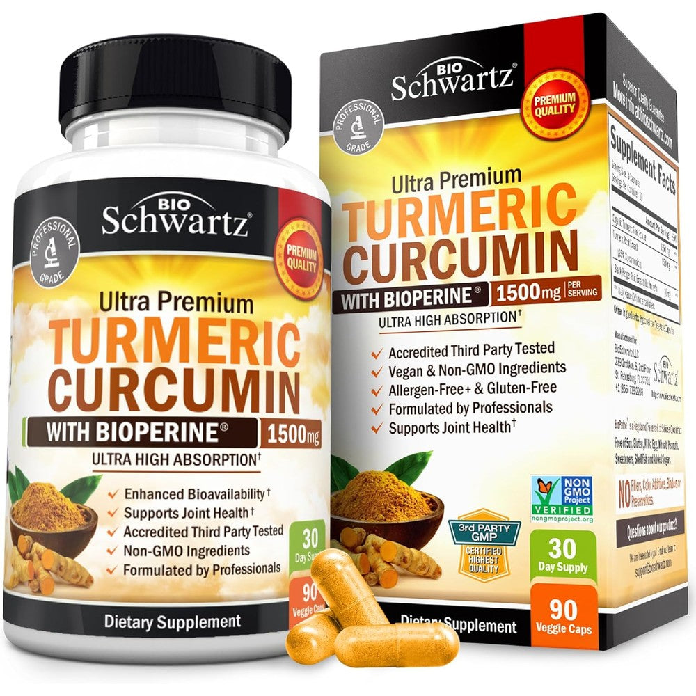 BioSchwartz Turmeric Curcumin 1500mg 90 capsules front view bottle packaging for joint support