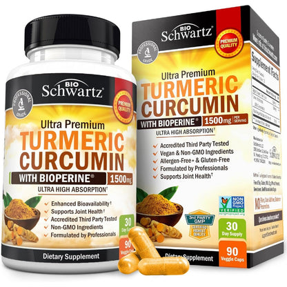 BioSchwartz Turmeric Curcumin 1500mg 90 capsules front view bottle packaging for joint support