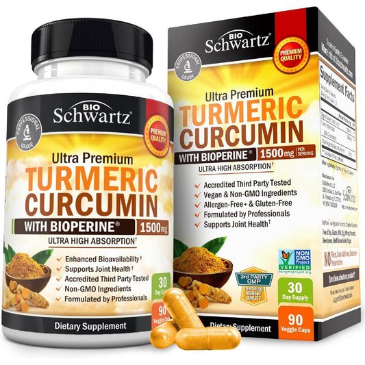 BioSchwartz Turmeric Curcumin 1500mg 90 capsules front view bottle packaging for joint support