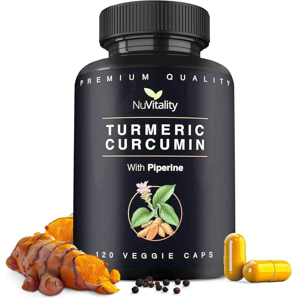 NuVitality Turmeric Curcumin with Black Pepper Extract front bottle view showing 120 veggie capsules label