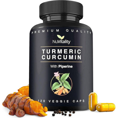 NuVitality Turmeric Curcumin with Black Pepper Extract front bottle view showing 120 veggie capsules label