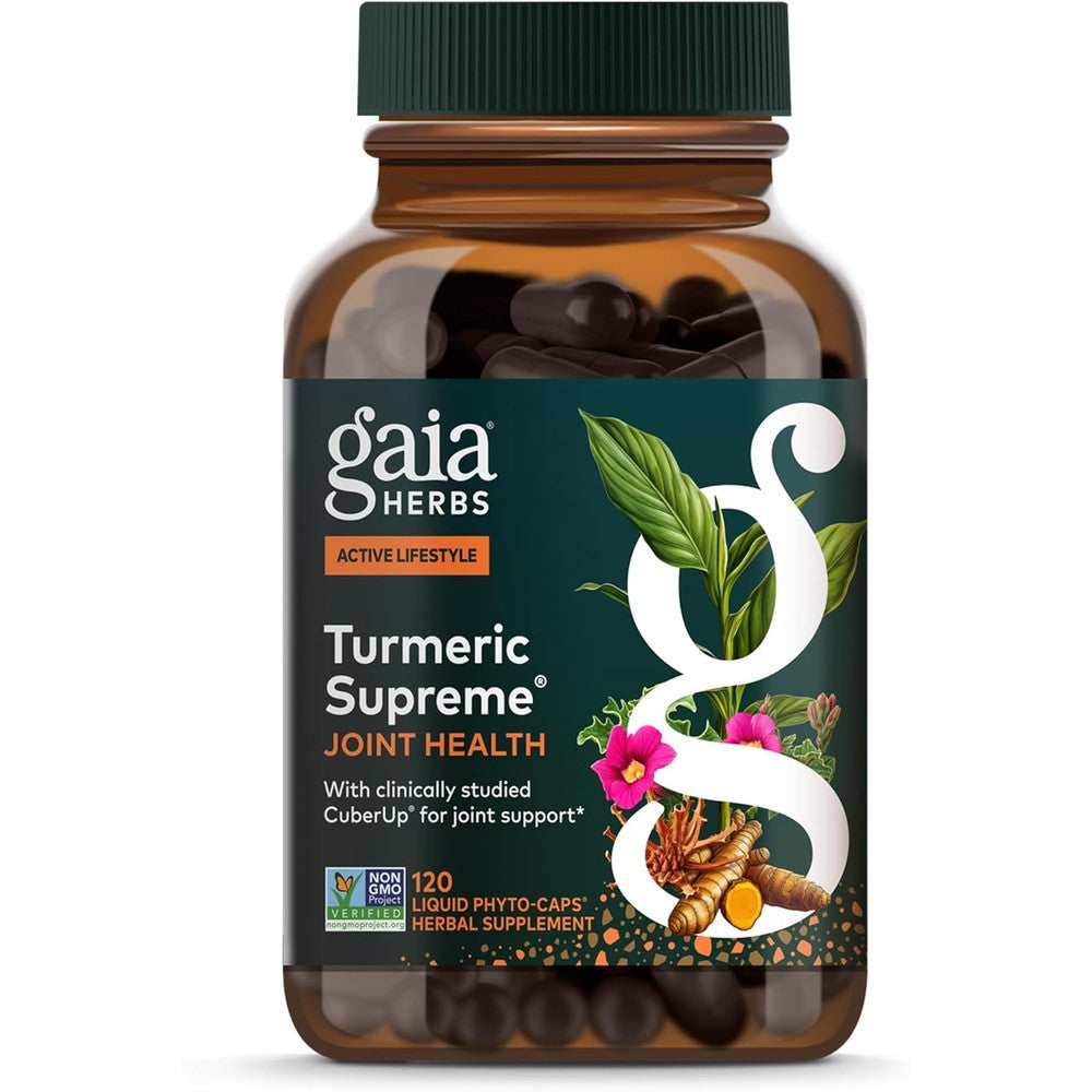 Gaia Herbs Turmeric Supreme Joint Health 120 capsules front view bottle showing premium herbal joint supplement packaging
