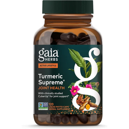 Gaia Herbs Turmeric Supreme Joint Health 120 capsules front view bottle showing premium herbal joint supplement packaging