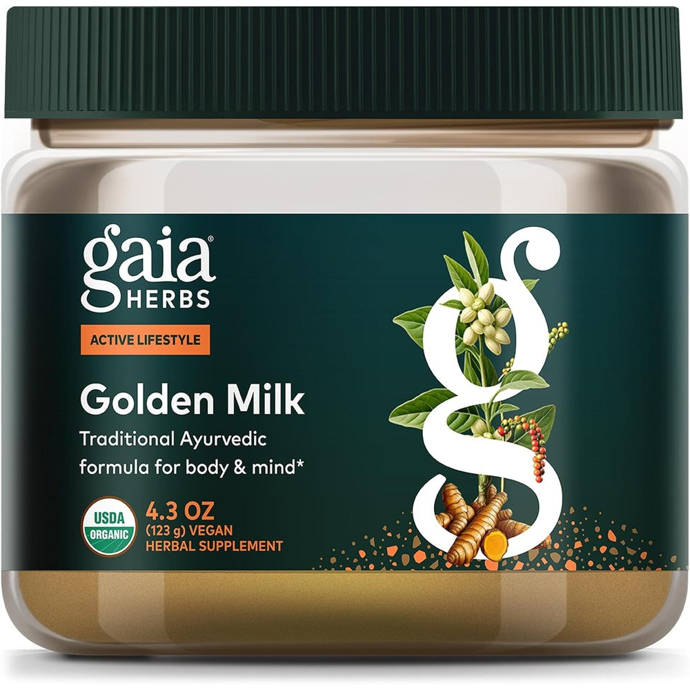 Gaia Herbs Golden Milk Turmeric Ashwagandha Powder jar front view