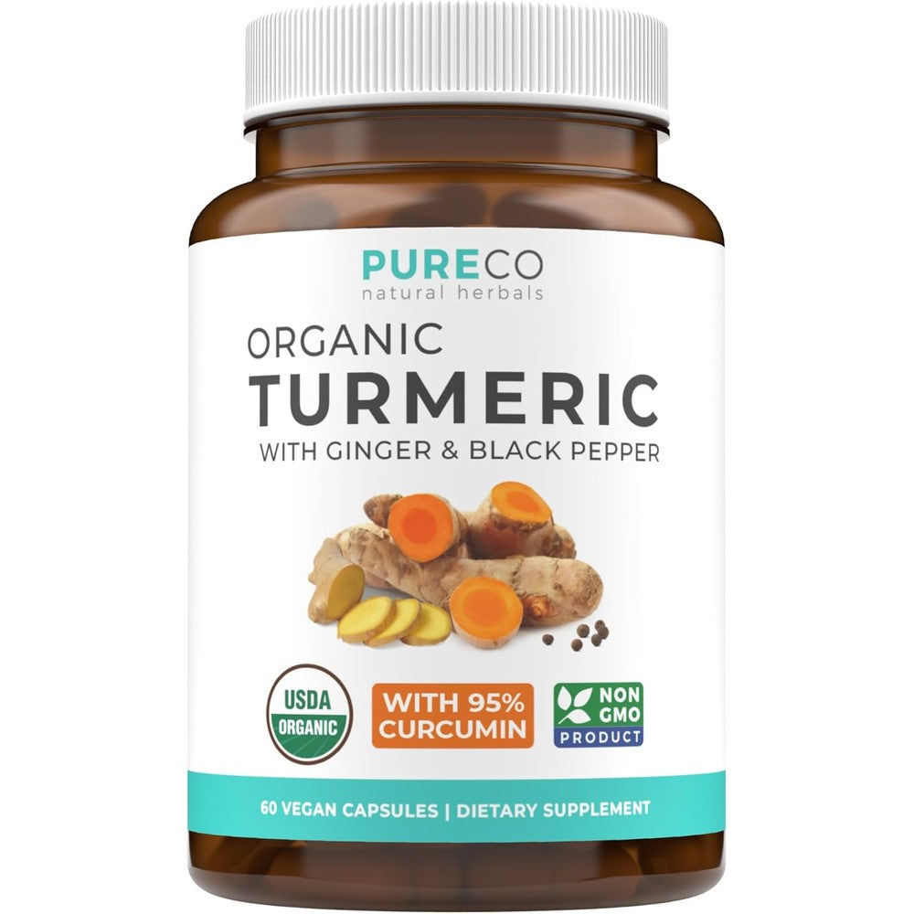 Pure Co Organic Turmeric Curcumin and Ginger 60 capsules front view packaging for authentic dietary supplements.