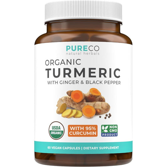 Pure Co Organic Turmeric Curcumin and Ginger 60 capsules front view packaging for authentic dietary supplements.