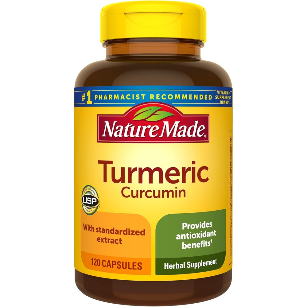 Nature Made Turmeric Curcumin 500 Milligrams bottle front view showing capsule count and antioxidant support label