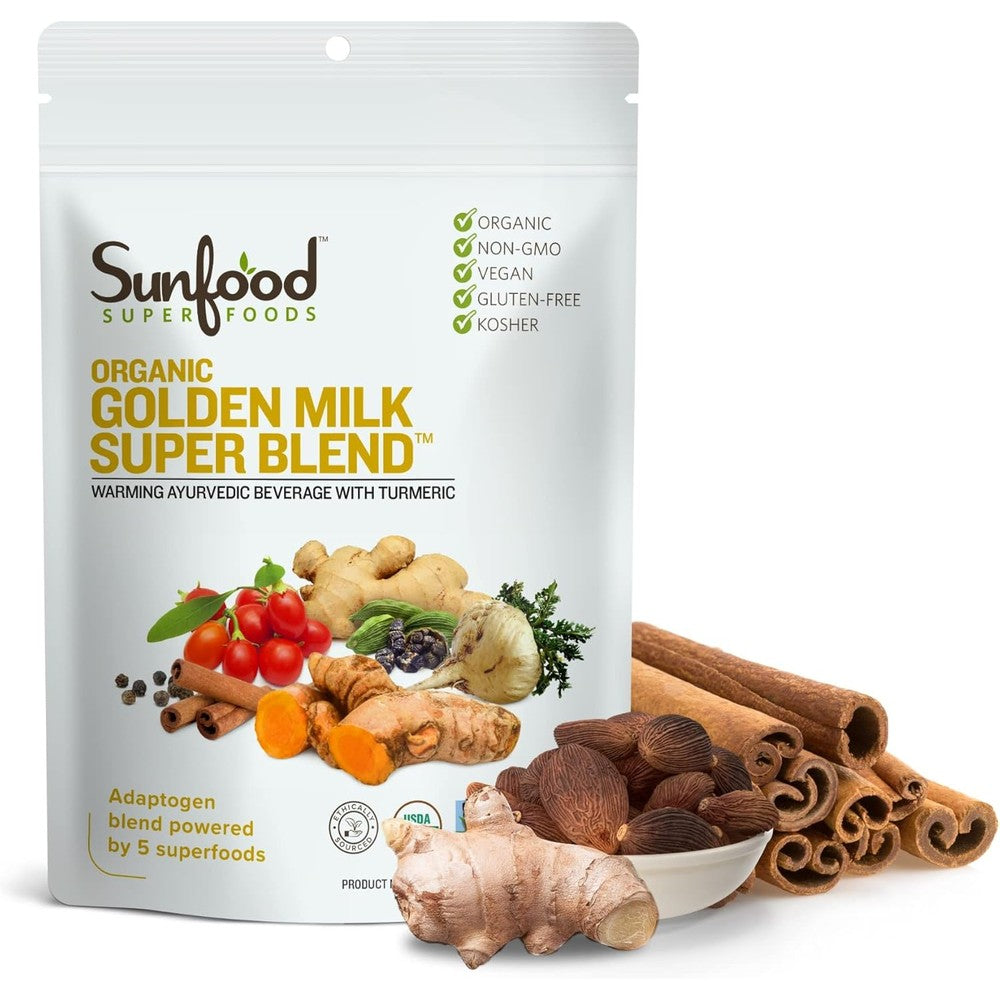 Sunfood Superfoods Organic Golden Milk Super Blend front view packaging showing turmeric latte mix ingredients.