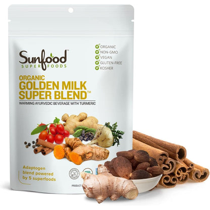 Sunfood Superfoods Organic Golden Milk Super Blend front view packaging showing turmeric latte mix ingredients.