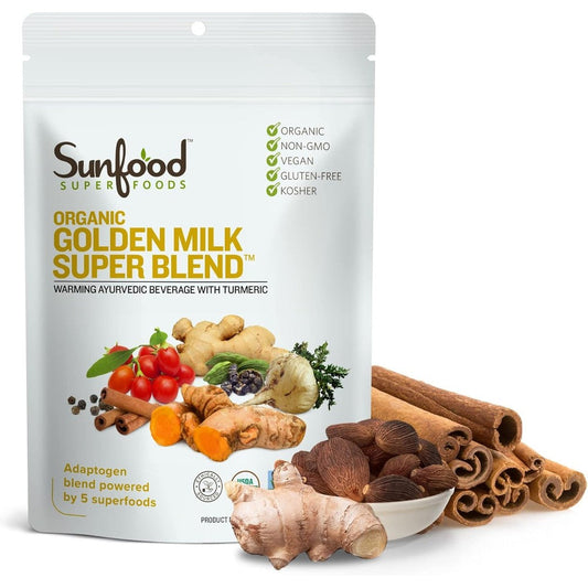 Sunfood Superfoods Organic Golden Milk Super Blend front view packaging showing turmeric latte mix ingredients.