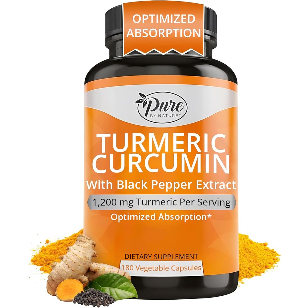 Pure By Nature Turmeric Curcumin and Black Pepper Extract 180 capsules front bottle view for joint health support