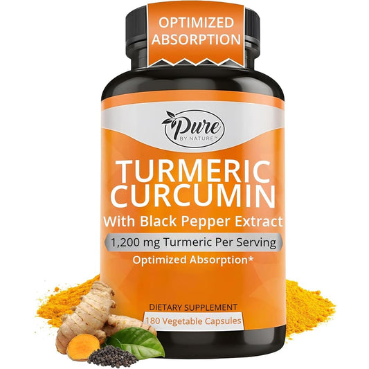 Pure By Nature Turmeric Curcumin and Black Pepper Extract 180 capsules front bottle view for joint health support