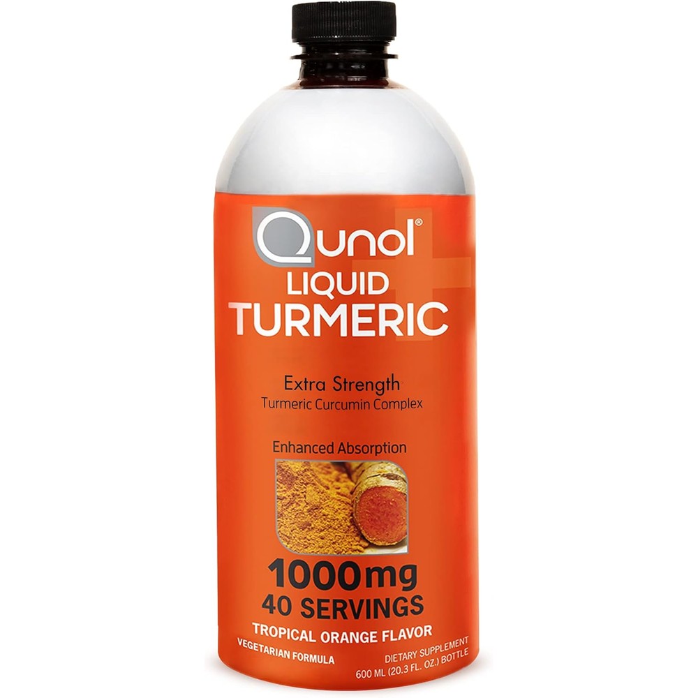 Qunol Liquid Turmeric Curcumin bottle front view showing tropical orange flavor label for joint health support.