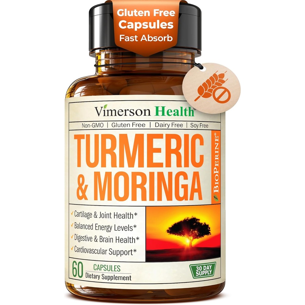 Vimerson Health Turmeric Curcumin and Moringa front view bottle showcasing joint support health benefits.