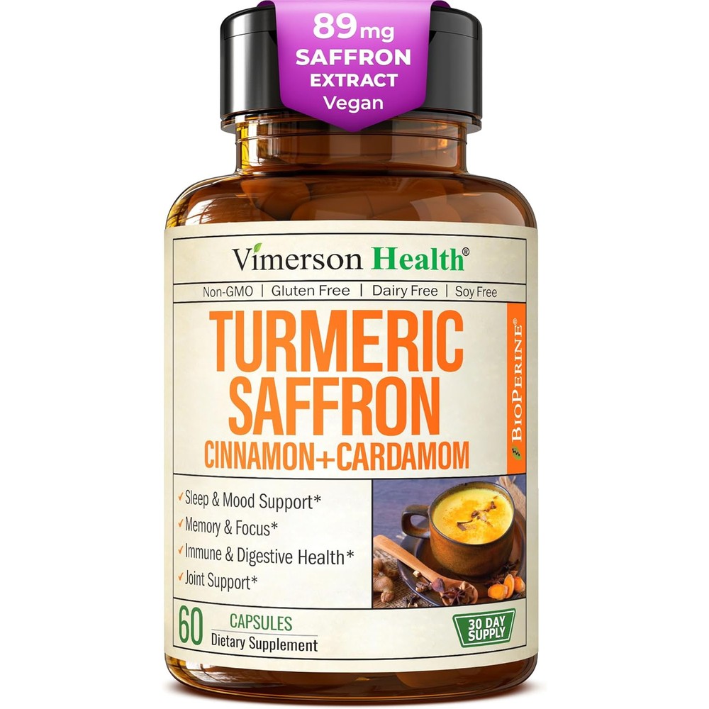 Vimerson Health Saffron and Turmeric Curcumin 60 capsules front view bottle on white background