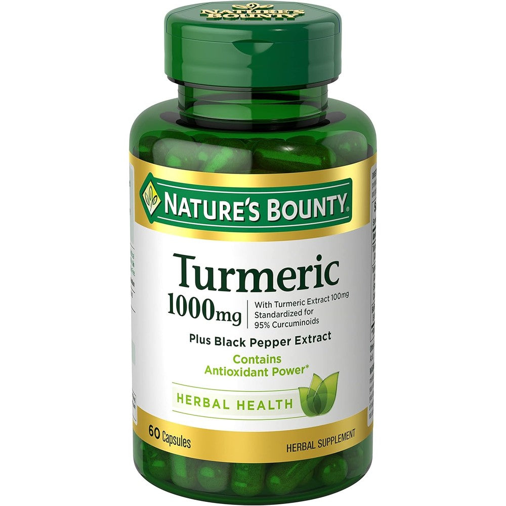 Nature's Bounty Turmeric with Black Pepper Extract 1000mg 60 capsules front view bottle showing premium antioxidant support packaging