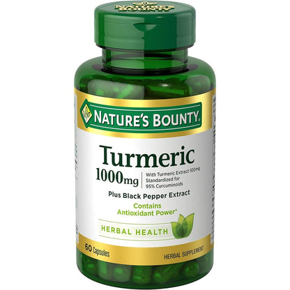 Nature's Bounty Turmeric with Black Pepper Extract 1000mg 60 capsules front view bottle showing premium antioxidant support packaging
