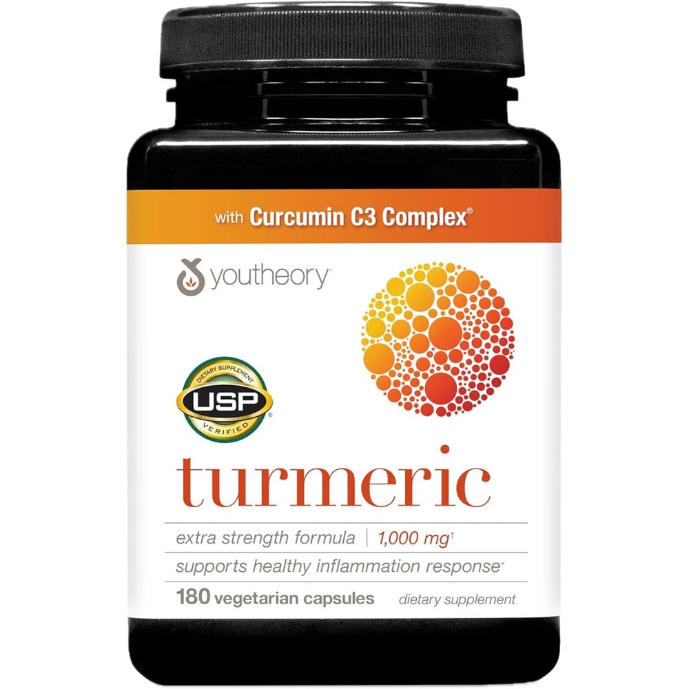 Youtheory Turmeric Extra Strength 1000mg 180 Vegetarian Capsules front view showing authentic product packaging details.