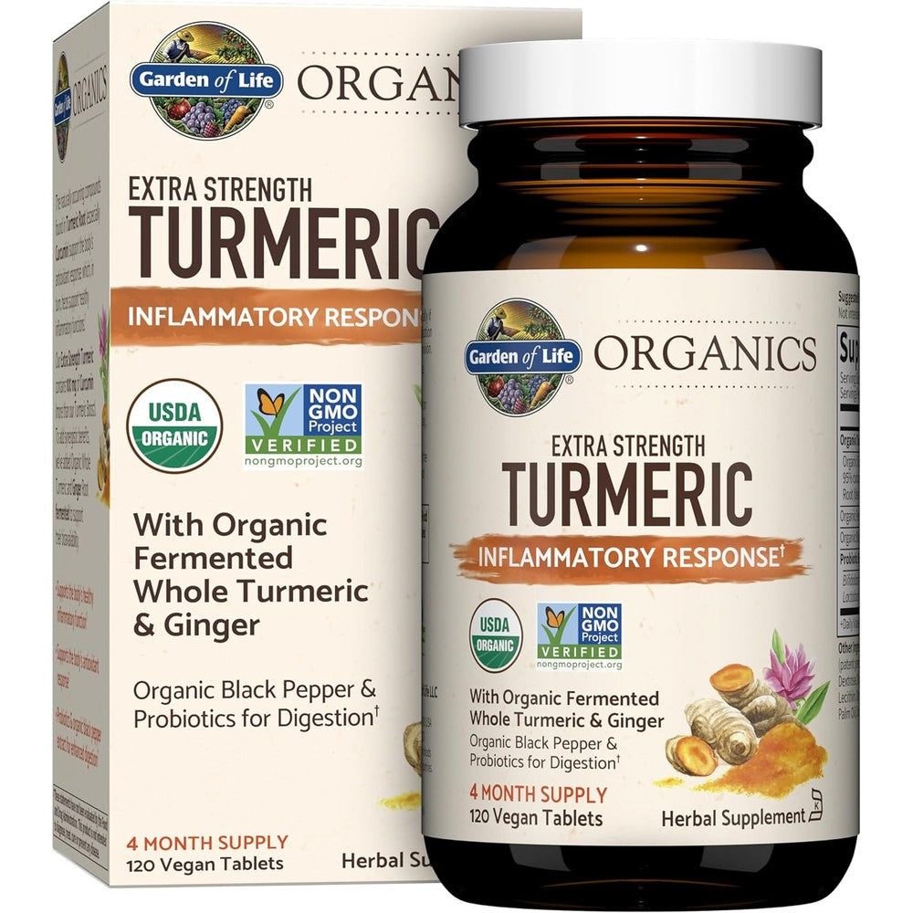 Garden of Life mykind Organics Extra Strength Turmeric 120 tablets front view bottle packaging.