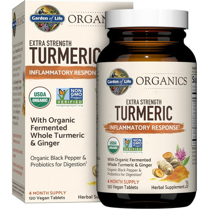 Garden of Life mykind Organics Extra Strength Turmeric 120 tablets front view bottle packaging.