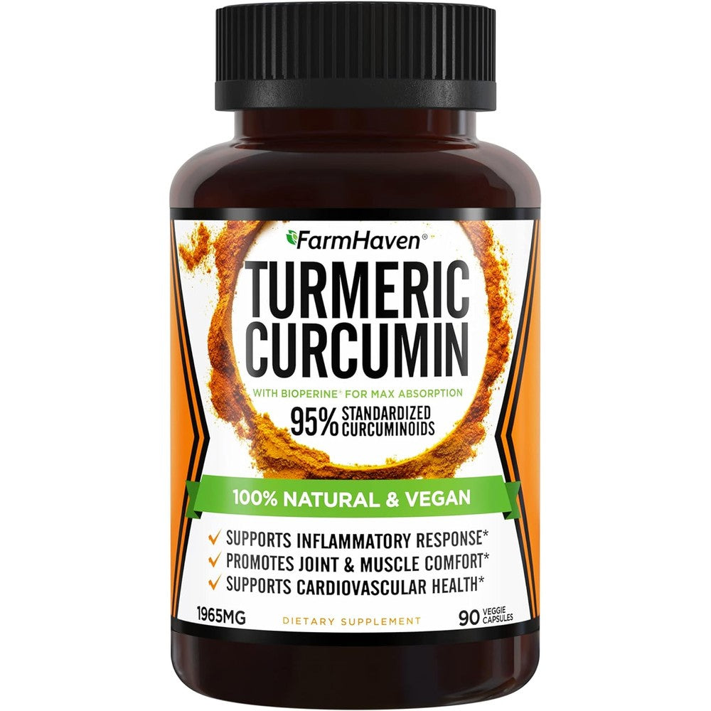 FarmHaven Turmeric Curcumin 1965mg 90 vegetarian capsules bottle front view showing clean premium packaging for joint support.
