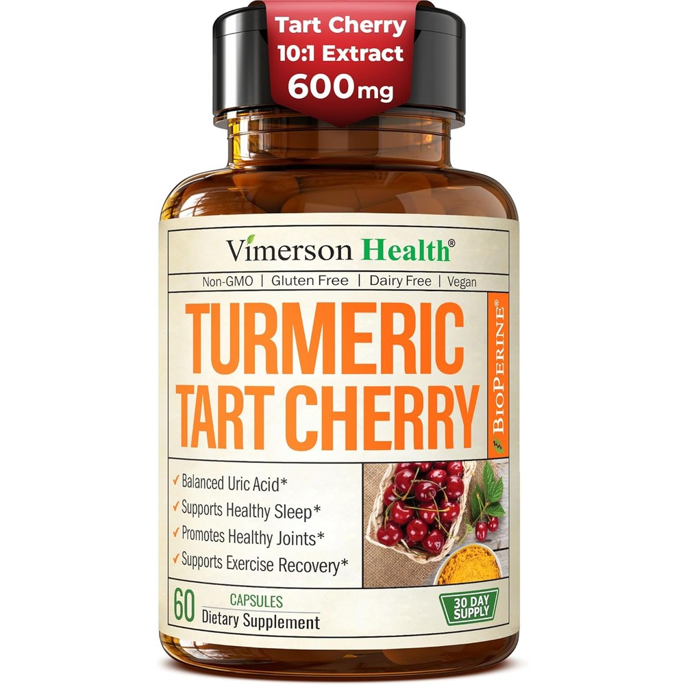 Vimerson Health Turmeric and Tart Cherry Curcuminoids 60 vegetarian capsules front bottle view for joint pain relief.