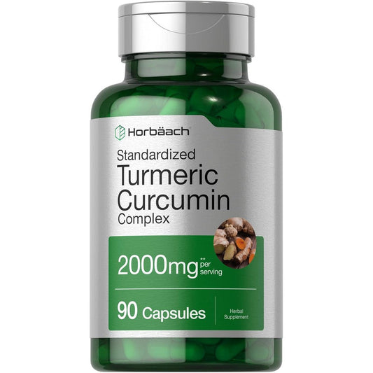 Horbaach Turmeric Curcumin Complex ninety capsules bottle front view showing joint health supplement packaging