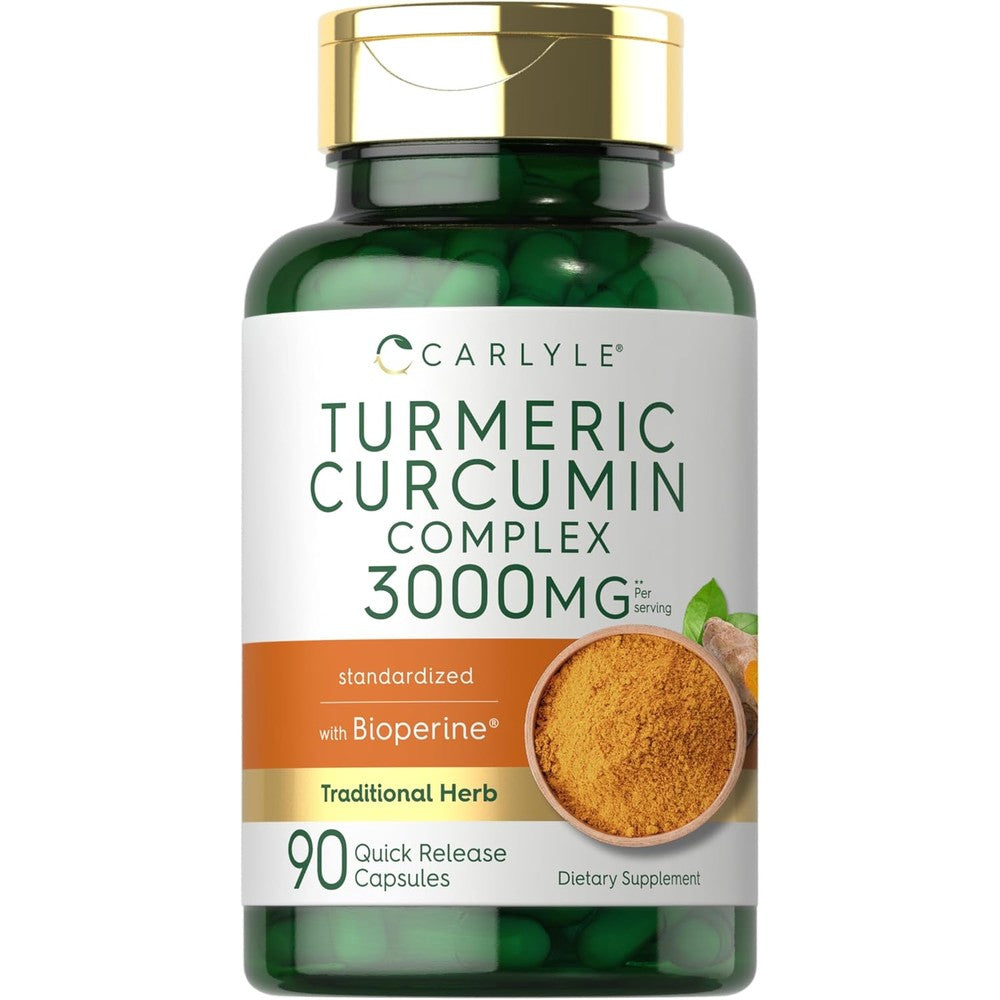 Carlyle Turmeric Curcumin three thousand milligrams ninety capsules front view bottle showing authentic USA import seal.