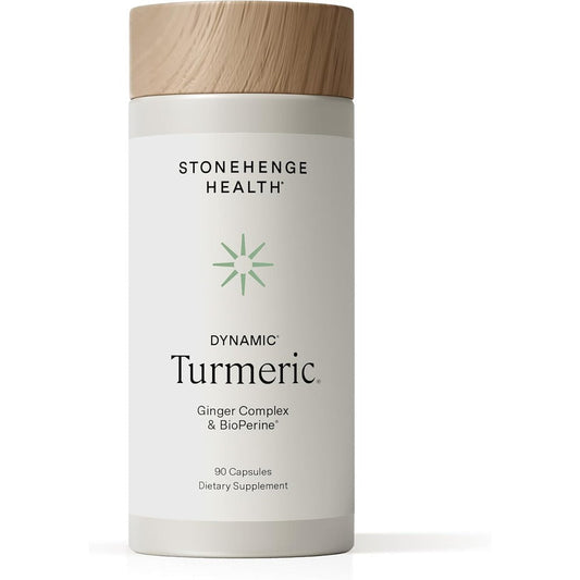 Stonehenge Health Dynamic Turmeric Curcumin front view bottle showing 90 capsules label for joint support