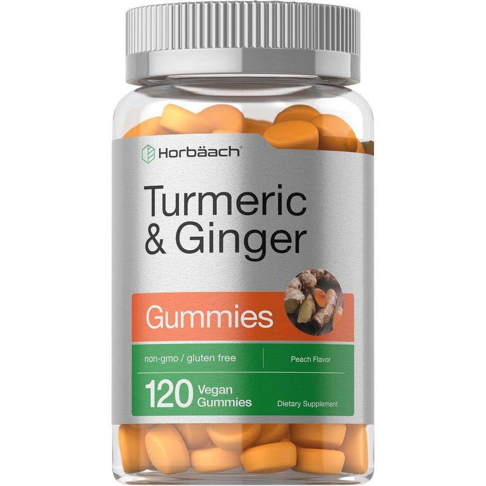 Horbaach Turmeric and Ginger Peach Gummies front bottle display for joint health support