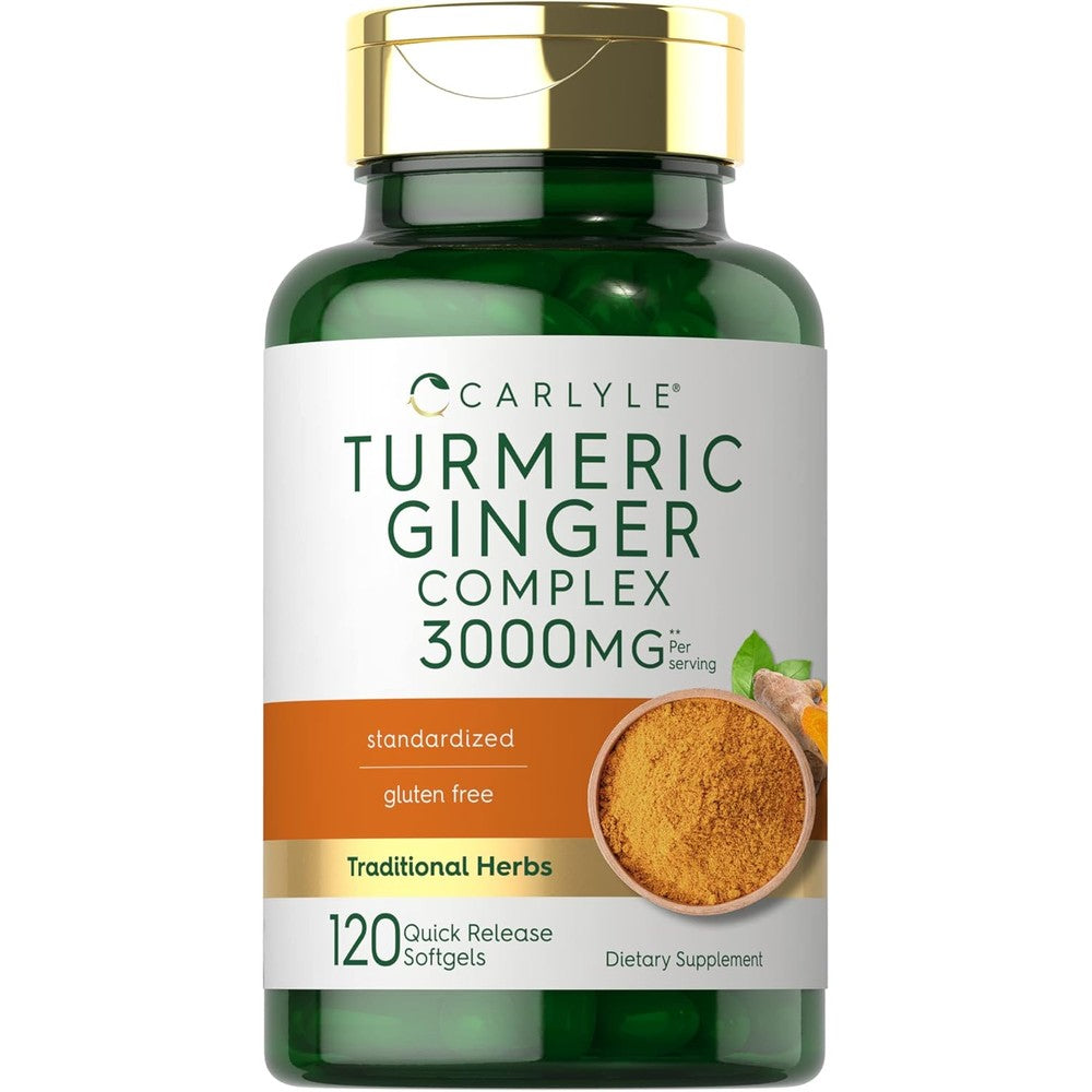 Carlyle Turmeric and Ginger Supplement 120 softgels front view bottle for natural wellness support