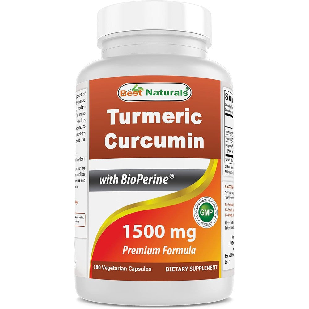 Best Naturals Turmeric Curcumin 1500mg front view of the bottle showing 180 vegetarian capsules