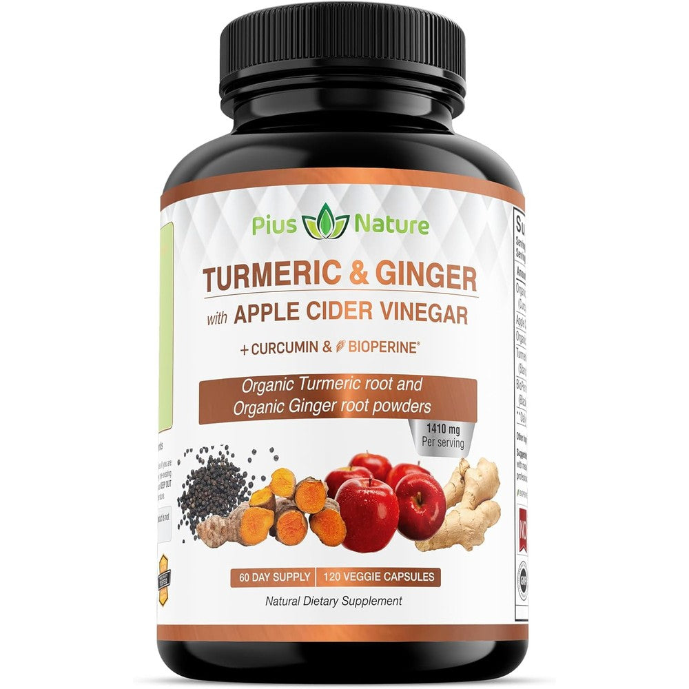 Pius Nature Organic Turmeric Ginger and Apple Cider Vinegar 120 vegetarian capsules front view bottle for joint health support.
