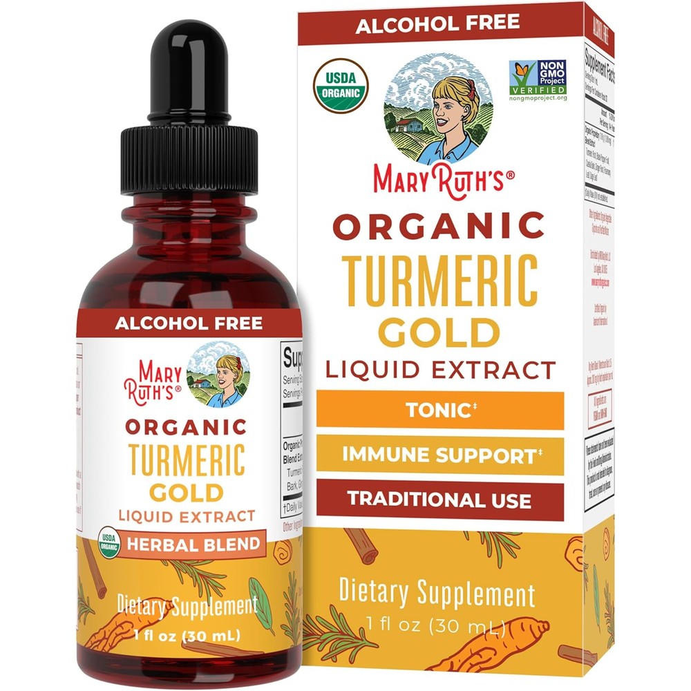 MaryRuth Organics Turmeric Gold Liquid Drops 1 fluid ounce front view bottle for immune support