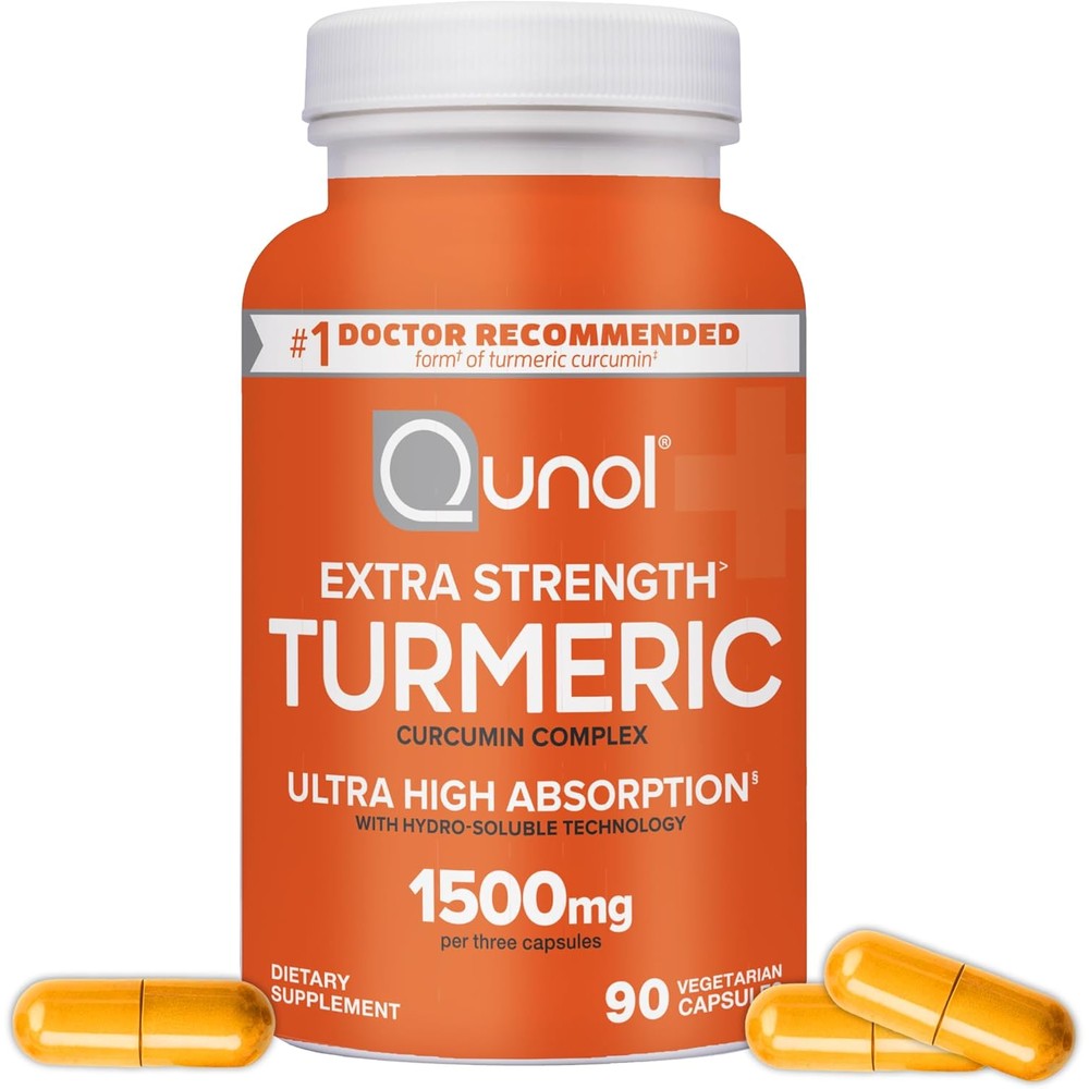 Qunol Extra Strength Turmeric Curcumin 1500mg bottle front view showing joint support supplement labels