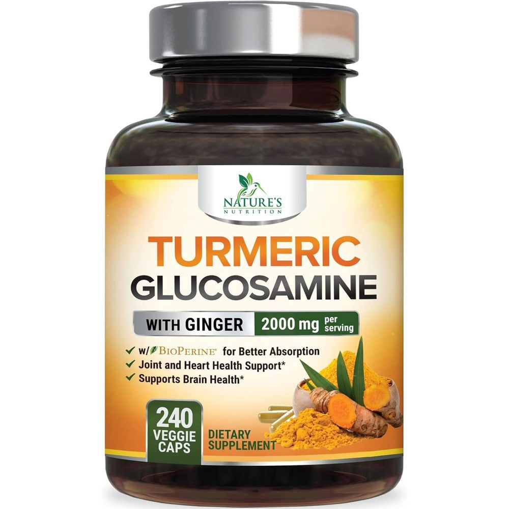Nature's Nutrition Turmeric Curcumin 240 Veggie Capsules front label view showing serving size joint supplement