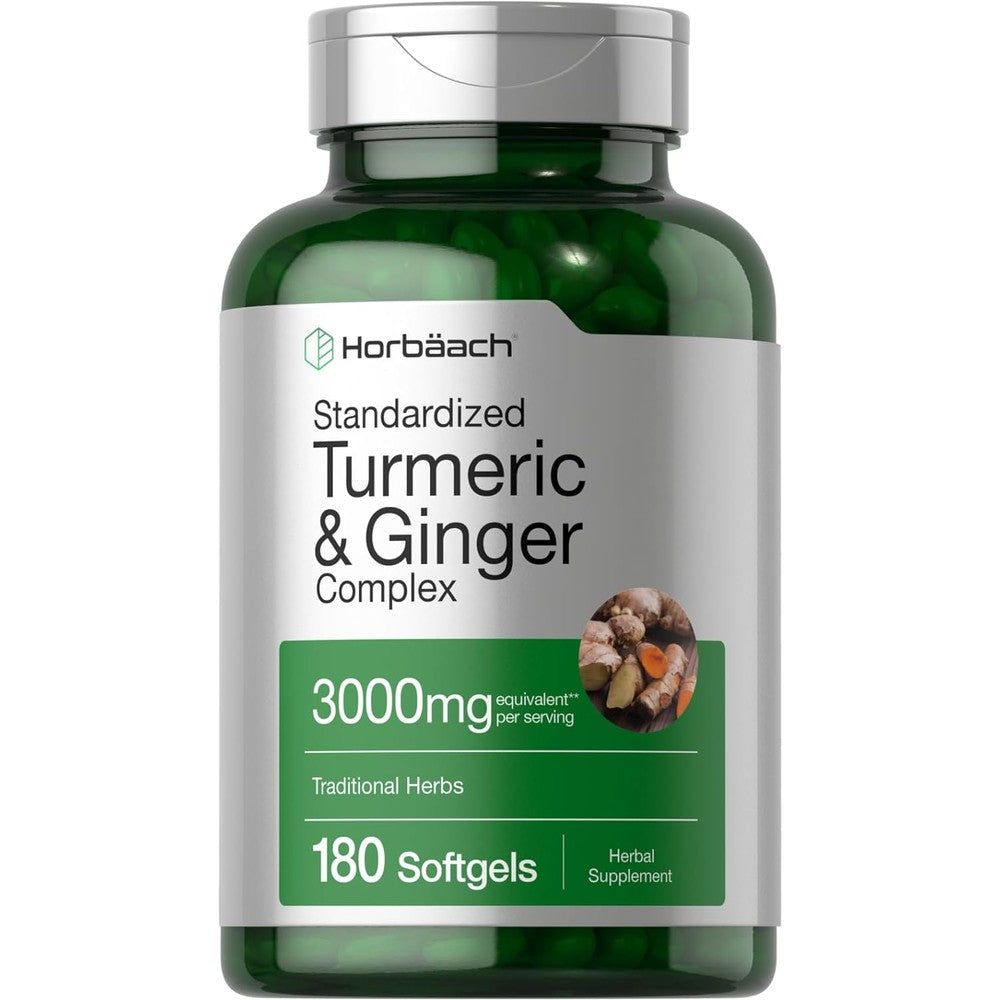Horbaach Turmeric and Ginger supplement one hundred and eighty softgels front view bottle
