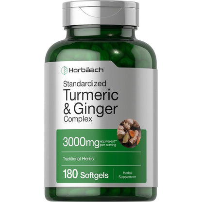 Horbaach Turmeric and Ginger supplement one hundred and eighty softgels front view bottle