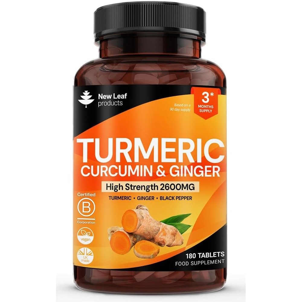 New Leaf Turmeric Tablets 180 count bottle front view featuring curcumin ginger and black pepper extracts for immune support