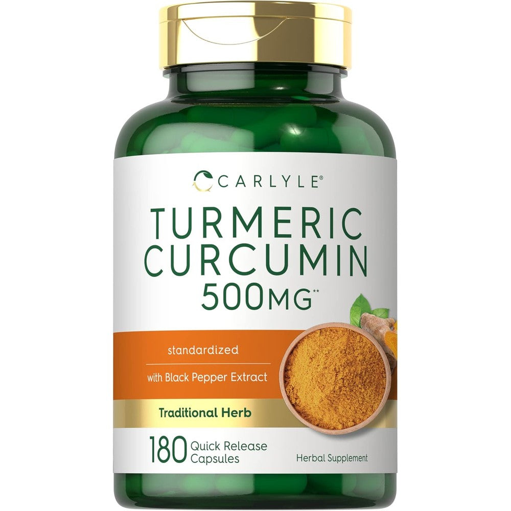 Carlyle Turmeric Curcumin with Black Pepper 180 capsules front view of the premium green bottle packaging.