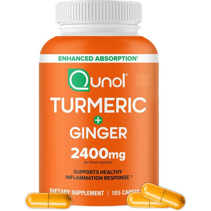 Qunol Turmeric Curcumin 2400mg 105 capsules front view bottle on a white background