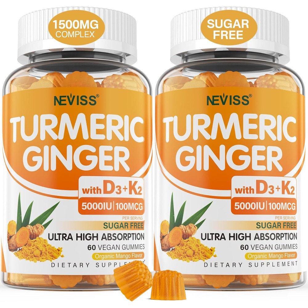 Neviss Turmeric Ginger Gummies front view of the bottle showing digestive health benefits.
