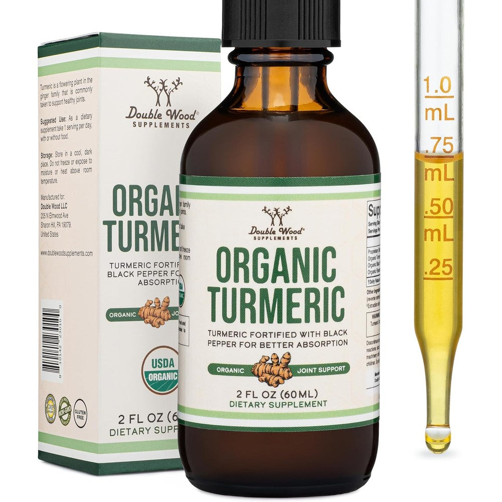 Double Wood Supplements Organic Turmeric Curcumin Liquid Drops front view bottle for joint health