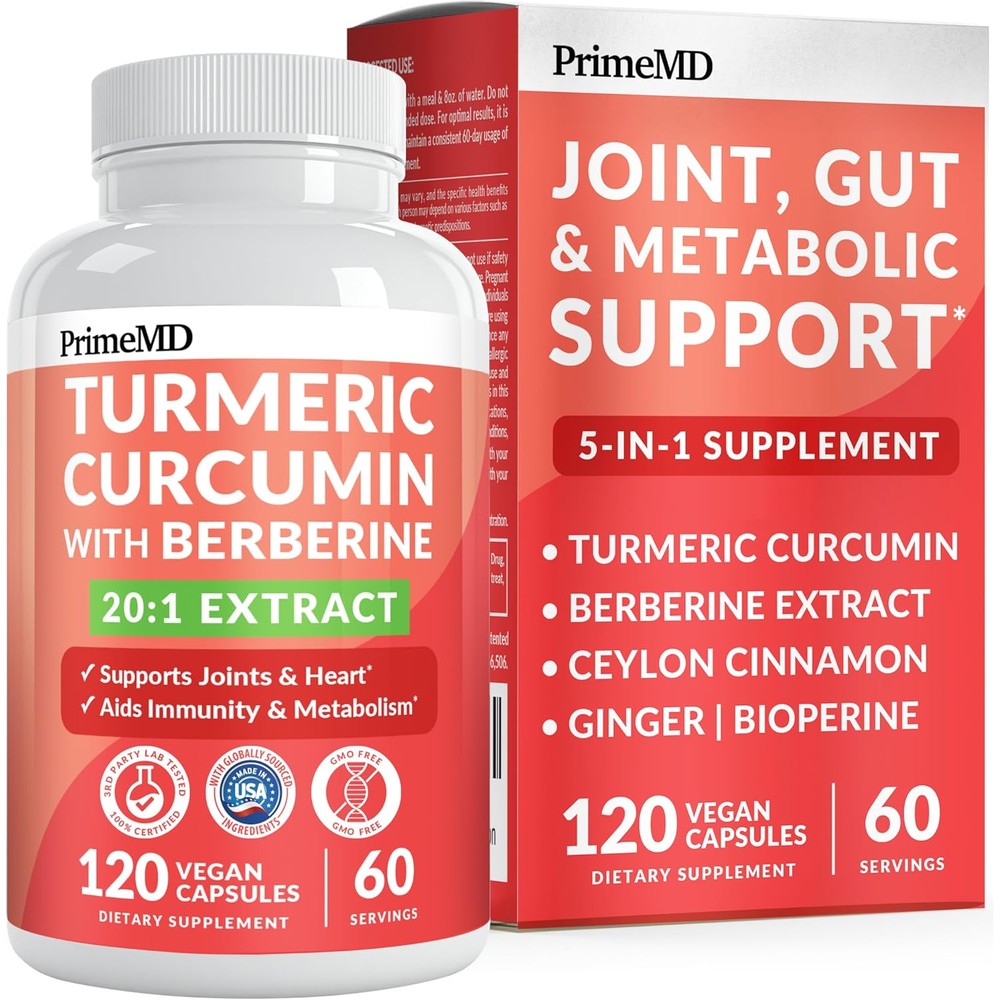 PrimeMD 5-in-1 Organic Turmeric Curcumin Berberine 120 capsules front bottle view for joint health