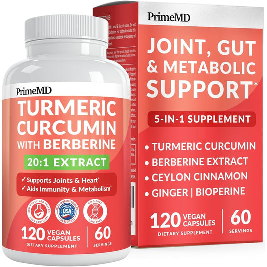 PrimeMD 5-in-1 Organic Turmeric Curcumin Berberine 120 capsules front bottle view for joint health