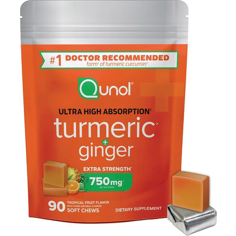 Qunol Turmeric and Ginger Soft Chews 750mg front packaging view showing 90 count bottle.
