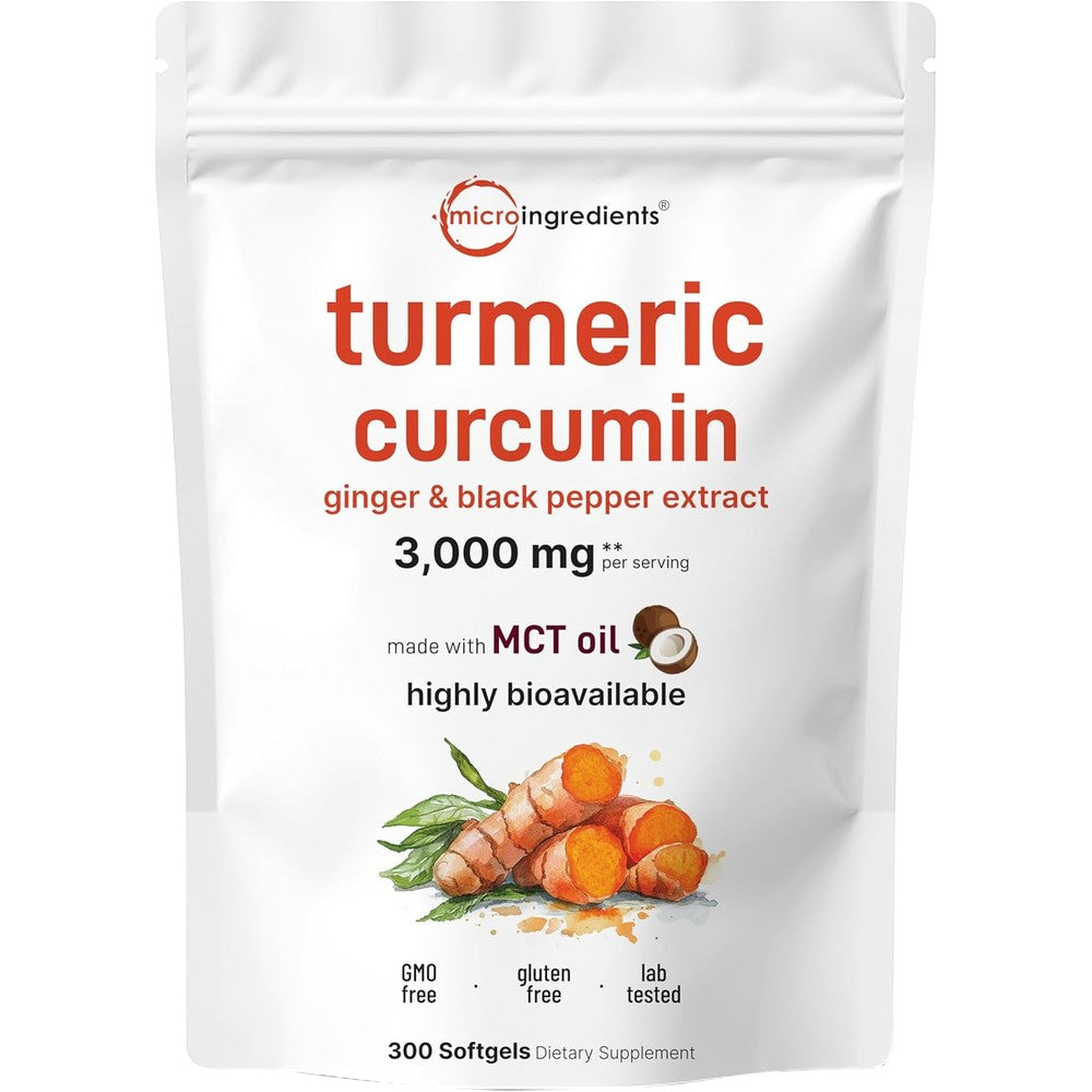 Micro Ingredients Turmeric Curcumin 3000mg front view bottle showing three hundred softgels label.