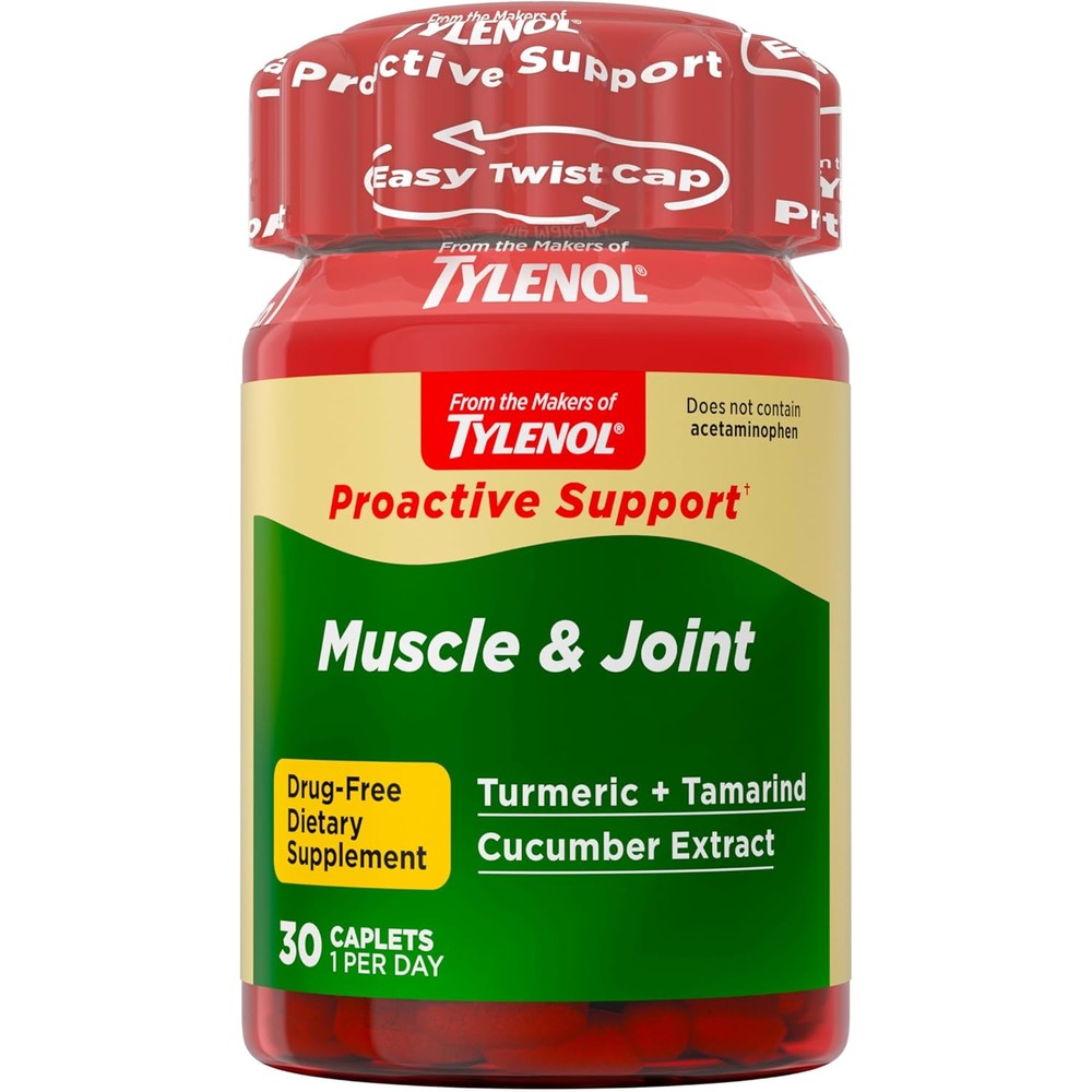 Tylenol Proactive Support Muscle and Joint supplement bottle front view showing turmeric and cucumber extract graphics