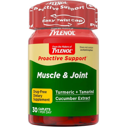 Tylenol Proactive Support Muscle and Joint supplement bottle front view showing turmeric and cucumber extract graphics