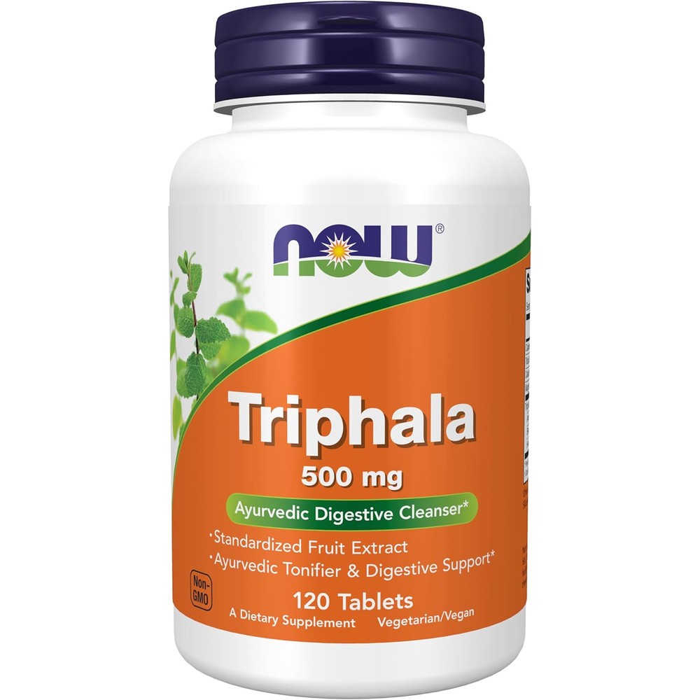 NOW Foods Triphala 500 mg 120 tablets front view of bottle for digestive support